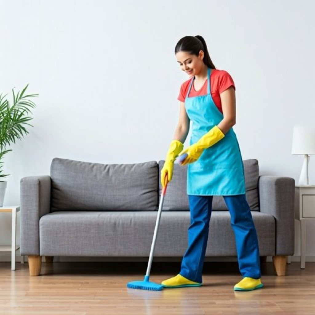 Professional apartment cleaning in Austin: smiling cleaner mopping hardwood floors with eco-friendly supplies — pet-safe, baby-safe, weekly or one-time home cleaning service.