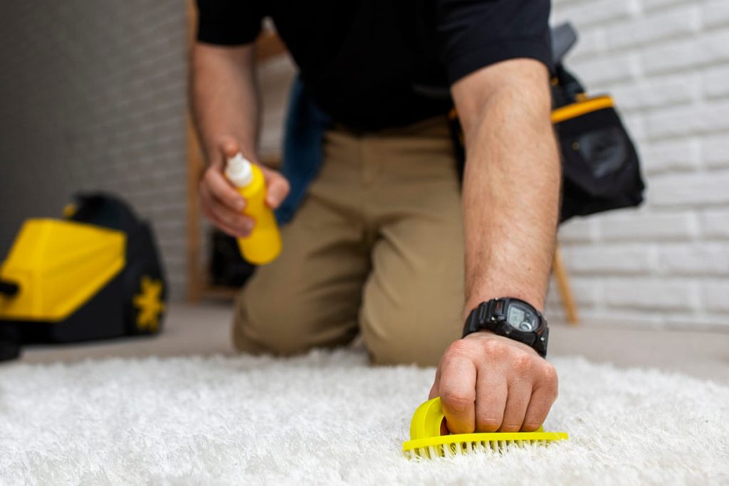 Professional cleaner deep-cleaning a white carpet with eco-friendly spray and brush — same-day stain removal, pet-safe & baby-safe cleaning service in Austin