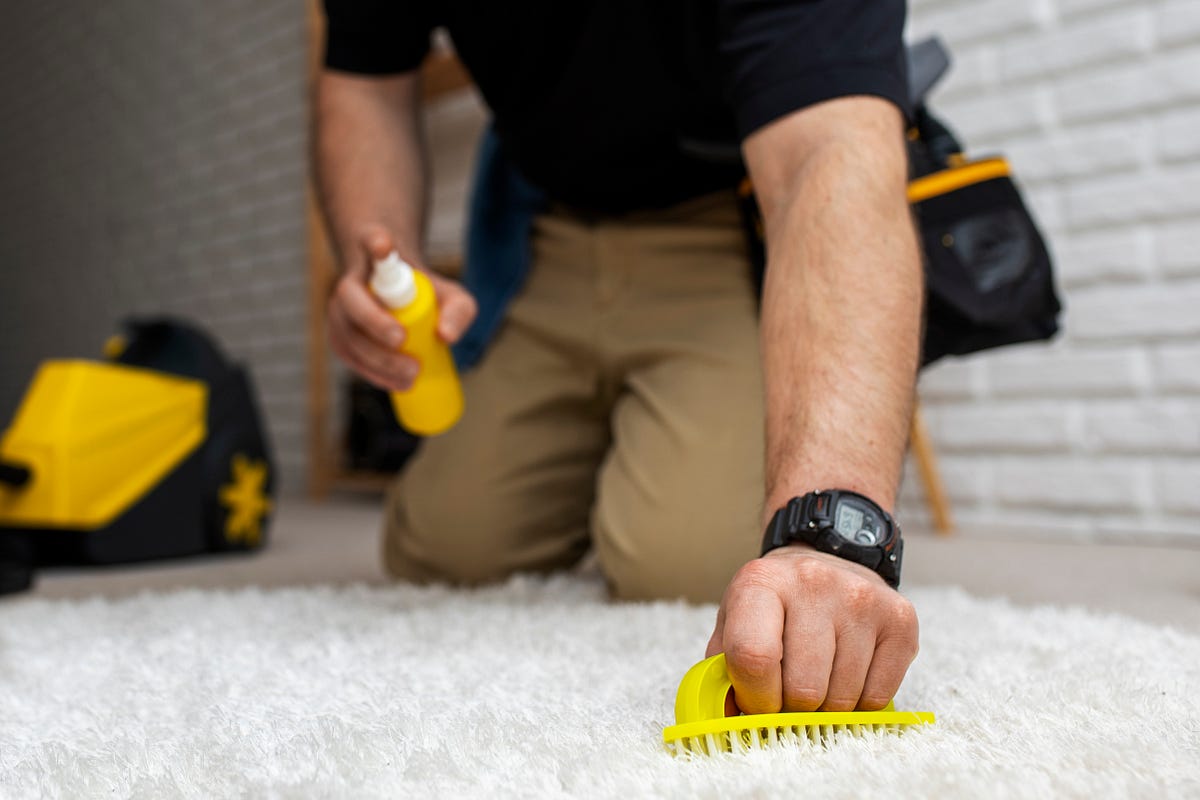 Professional cleaner applying EPA-approved disinfectant to white carpet in Austin home — pet-safe, eco-friendly deep cleaning service by Gleaming Space