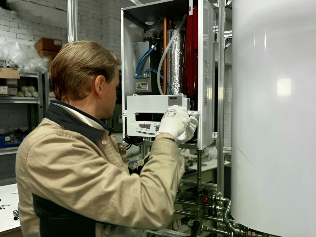Professional HVAC technician performing comprehensive furnace inspection and maintenance on heating system internal components with safety protocols in Colorado, Texas, and Washington