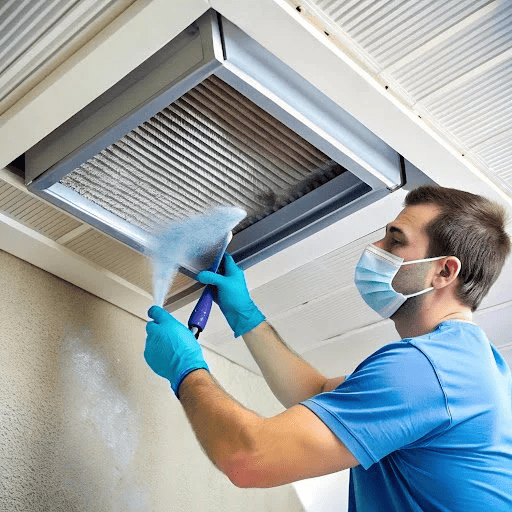 Professional HVAC technician cleaning air vent in Denver - certified specialist performing residential air duct cleaning and sanitizing with EPA-approved products for improved indoor air quality