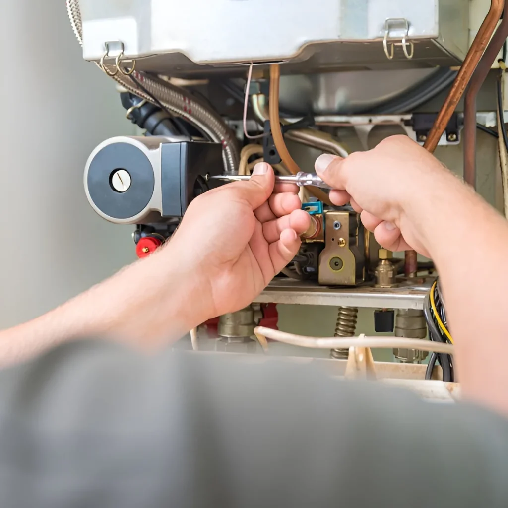 Close-up of certified HVAC technician hands cleaning and inspecting furnace blower assembly and internal components