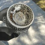 Professional blower motor cleaning by Gleaming Space, showing a dirty blower fan with debris being removed to prevent HVAC overheating and improve airflow in CO, TX, and WA homes.
