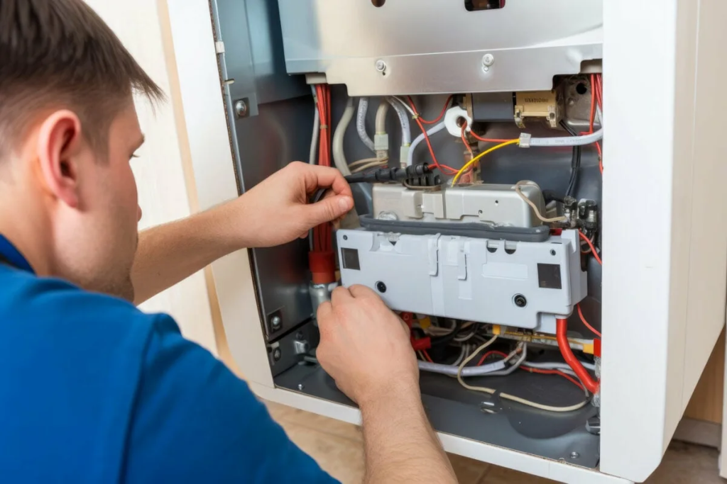 HVAC technician inspecting and replacing furnace air filter during comprehensive home maintenance service in Denver