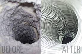 Clogged air duct with dust and debris vs clean spiral ductwork after professional HVAC cleaning service