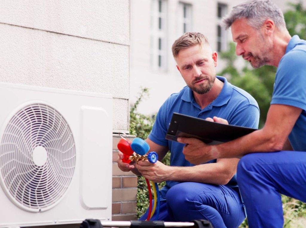 Two certified HVAC technicians performing professional blower motor cleaning and inspection on residential or commercial property, wearing blue uniforms and examining outdoor air conditioner unit