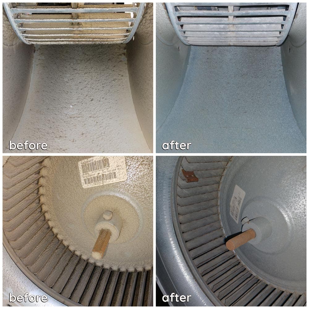 Before and after photos of professional blower motor cleaning showing dirty blower wheel and housing transformed to clean components, demonstrating Gleaming Space's meticulous work and customer satisfaction guarantee