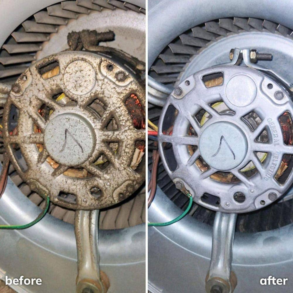 Before and after comparison of professional blower motor cleaning showing dirty blower wheel covered in dust and debris transformed to clean motor housing and blades